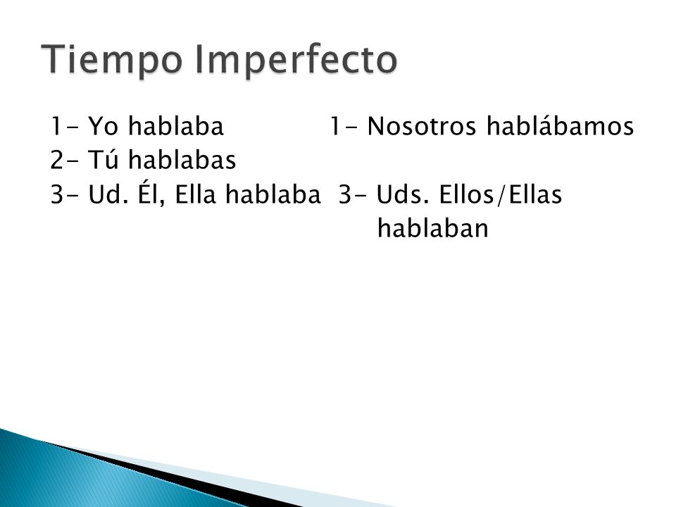 Tiempo Imperfecto 1- Yo hablaba 1- Nosotros hablábamos 2- Tú hablabas 3- Ud.