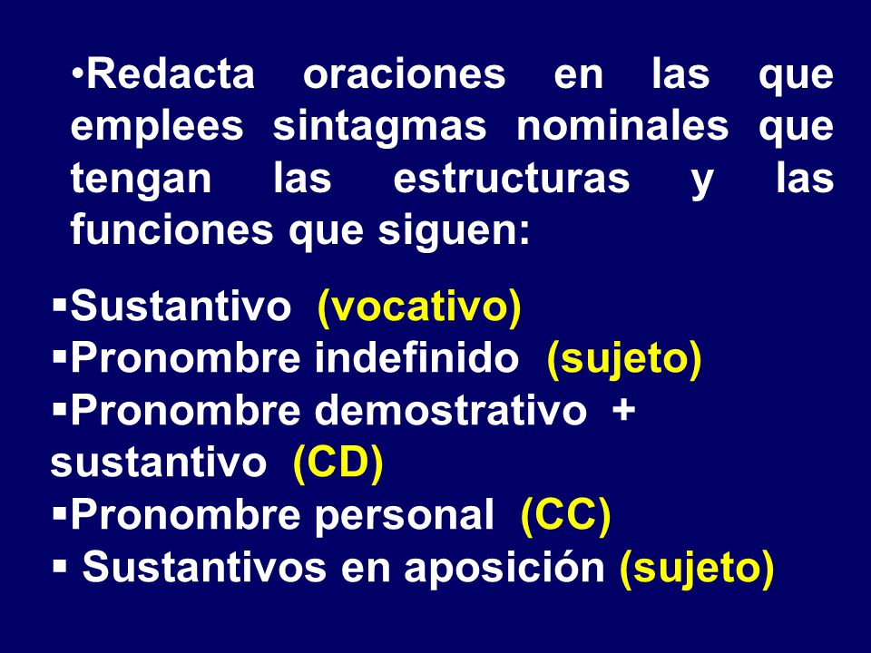 Redacta oraciones en las que emplees sintagmas nominales que tengan las estructuras y las funciones que siguen: