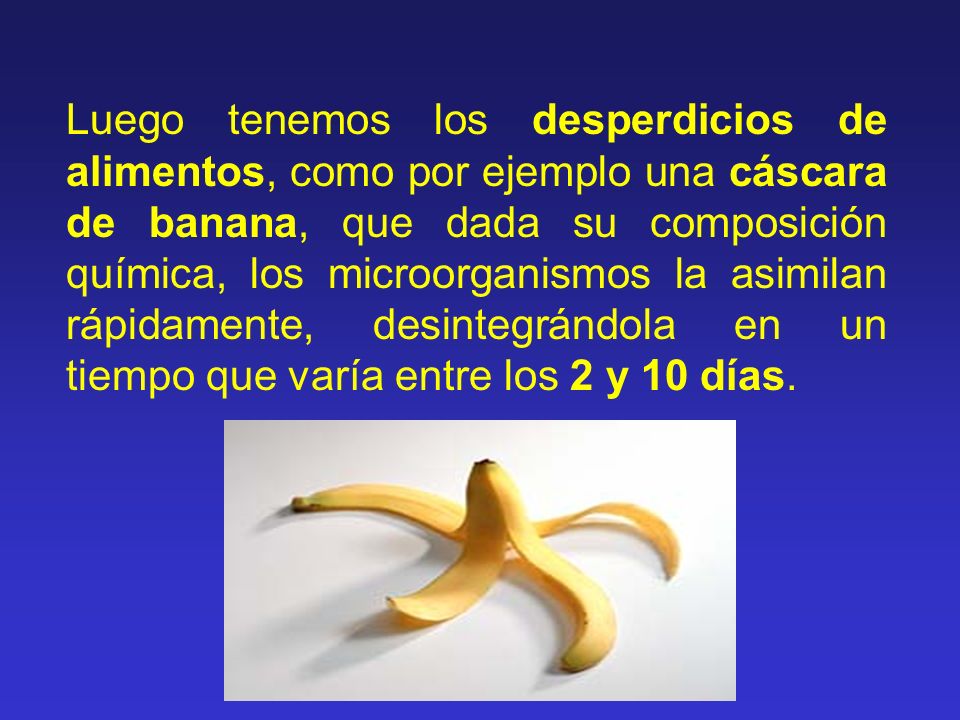 Luego tenemos los desperdicios de alimentos, como por ejemplo una cáscara de banana, que dada su composición química, los microorganismos la asimilan rápidamente, desintegrándola en un tiempo que varía entre los 2 y 10 días.