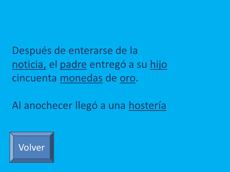 Después de enterarse de la noticia, el padre entregó a su hijo cincuenta monedas de oro. Al anochecer llegó a una hostería