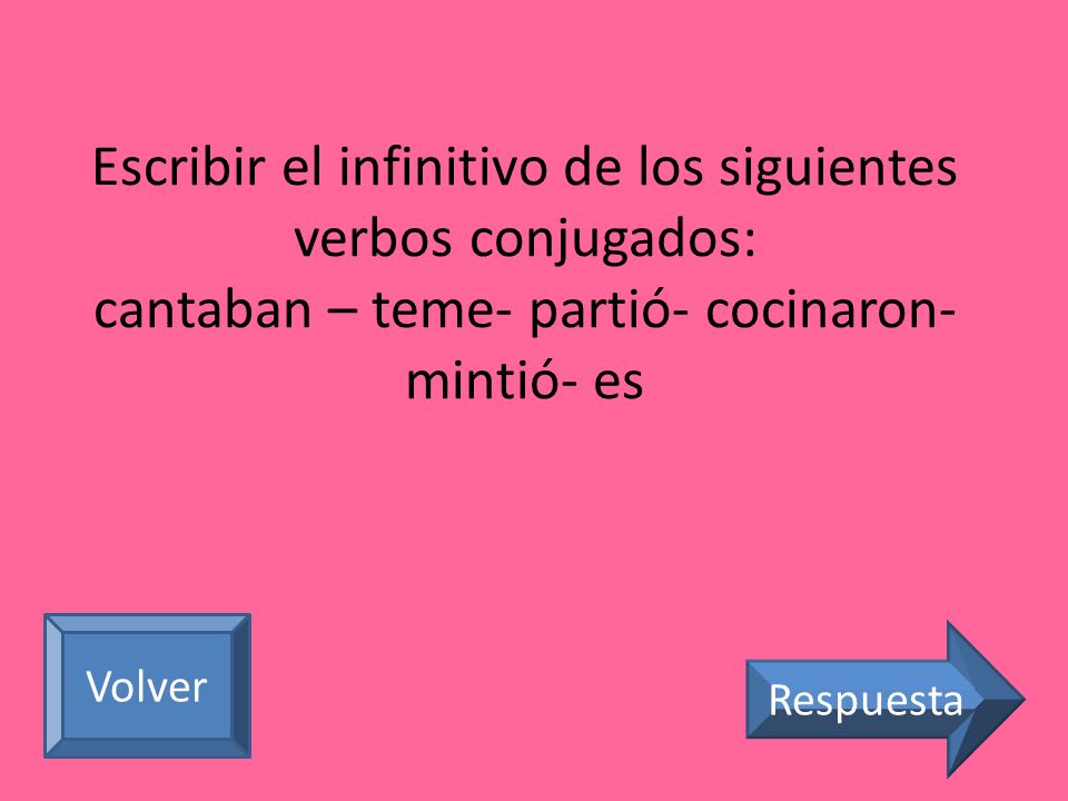 Escribir el infinitivo de los siguientes verbos conjugados: cantaban – teme- partió- cocinaron- mintió- es
