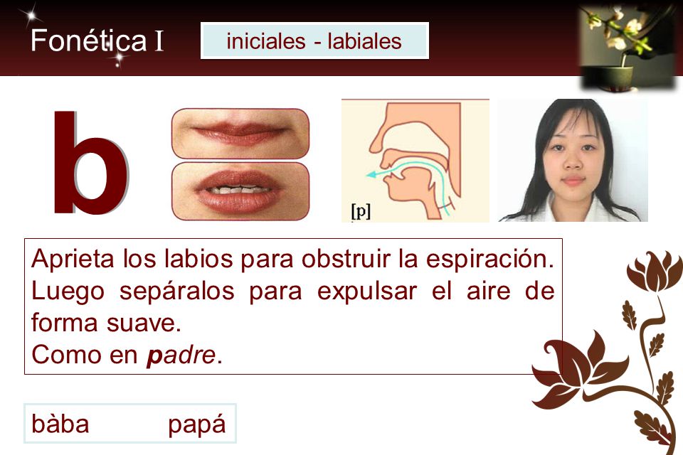 Fonética I iniciales - labiales. b. Aprieta los labios para obstruir la espiración. Luego sepáralos para expulsar el aire de forma suave.
