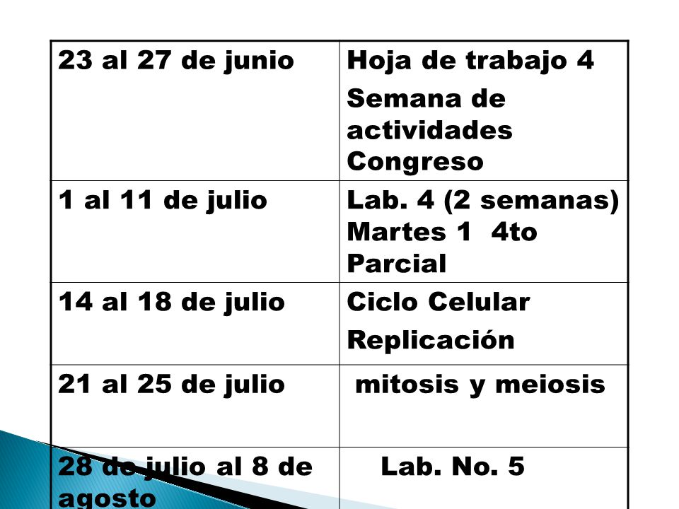 23 al 27 de junio Hoja de trabajo 4. Semana de actividades Congreso. 1 al 11 de julio. Lab. 4 (2 semanas) Martes 1 4to Parcial.
