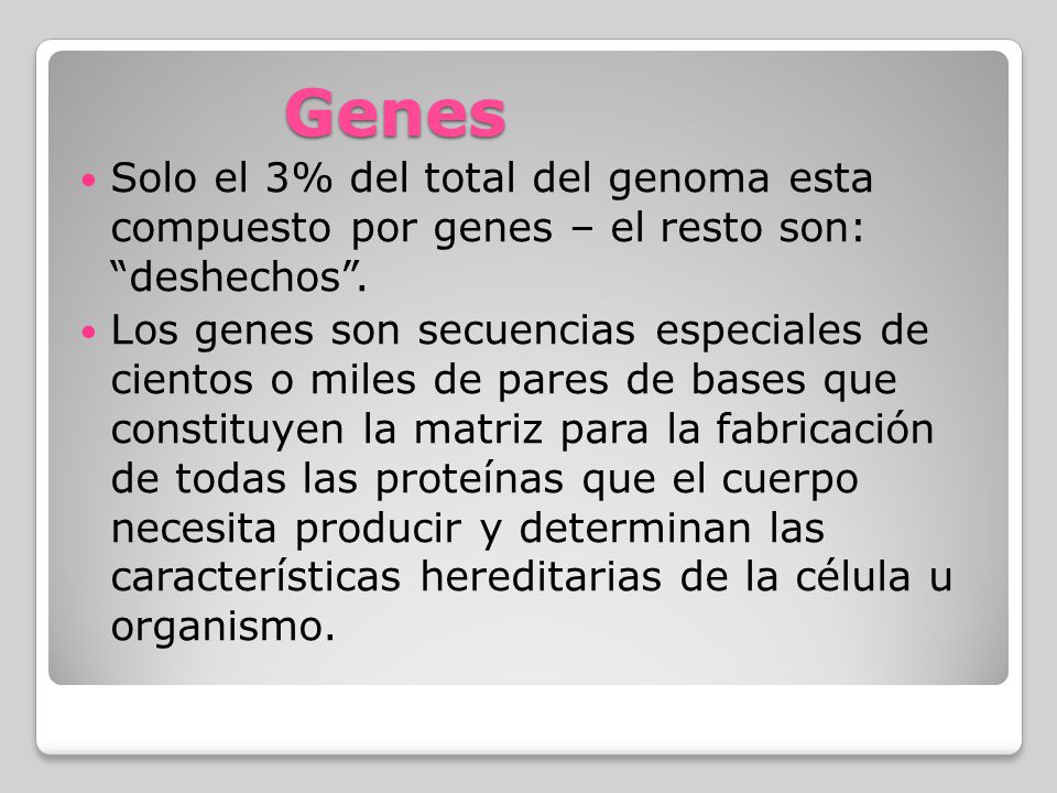 Genes Solo el 3% del total del genoma esta compuesto por genes – el resto son: deshechos .