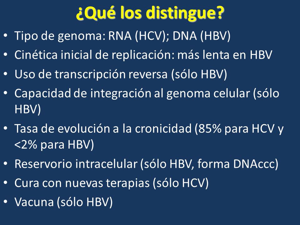 ¿Qué los distingue Tipo de genoma: RNA (HCV); DNA (HBV)