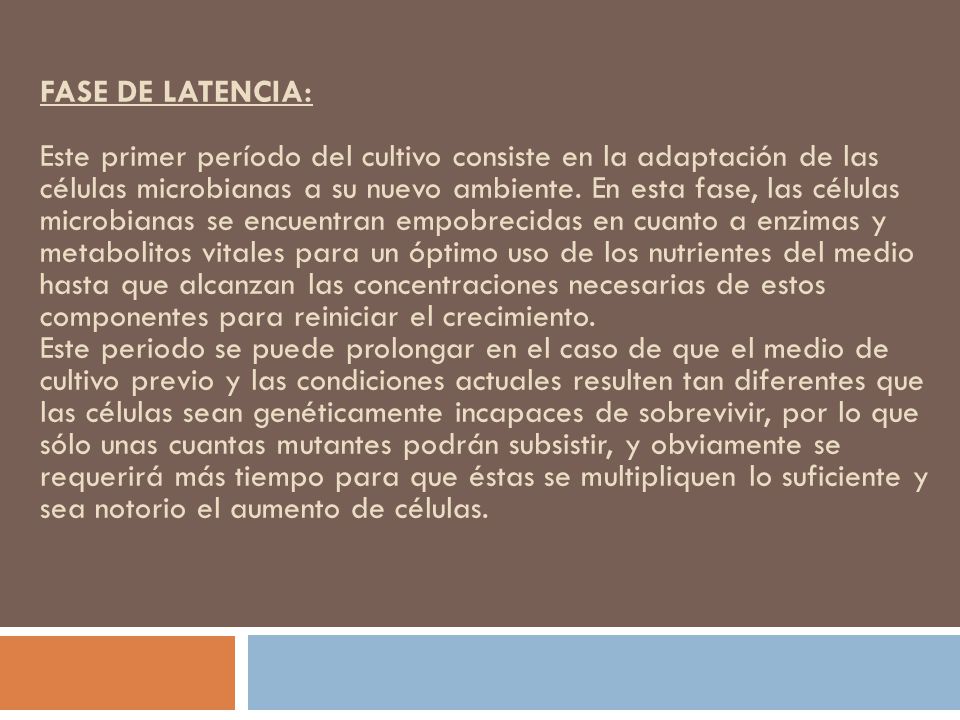 FaSe de LATENCIA: Este primer período del cultivo consiste en la adaptación de las células microbianas a su nuevo ambiente.