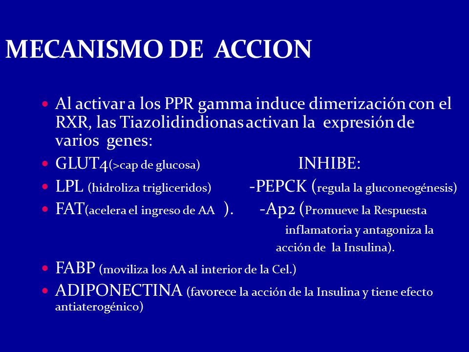 MECANISMO DE ACCION Al activar a los PPR gamma induce dimerización con el RXR, las Tiazolidindionas activan la expresión de varios genes: