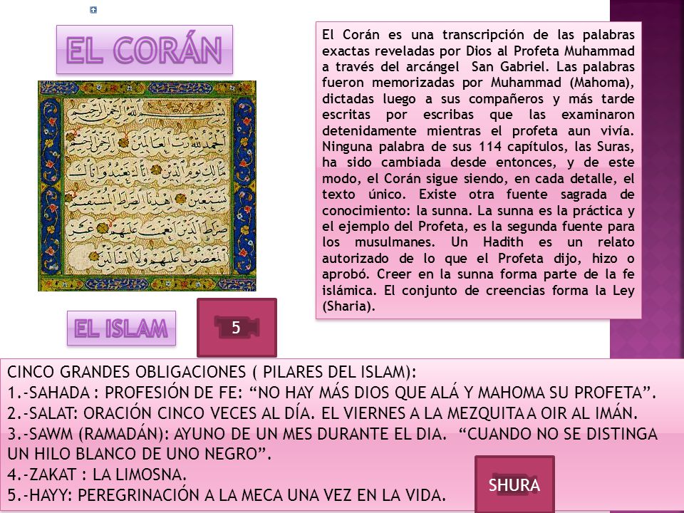 EL CORÁN EL ISLAM 5 CINCO GRANDES OBLIGACIONES ( PILARES DEL ISLAM):