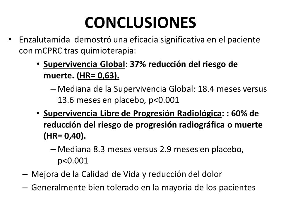 CONCLUSIONES Enzalutamida demostró una eficacia significativa en el paciente con mCPRC tras quimioterapia: