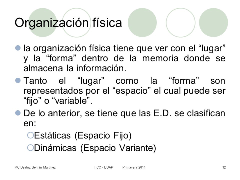 Organización física la organización física tiene que ver con el lugar y la forma dentro de la memoria donde se almacena la información.