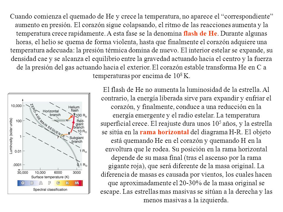 Cuando comienza el quemado de He y crece la temperatura, no aparece el correspondiente aumento en presión. El corazón sigue colapsando, el ritmo de las reacciones aumenta y la temperatura crece rapidamente. A esta fase se la denomina flash de He. Durante algunas horas, el helio se quema de forma violenta, hasta que finalmente el corazón adquiere una temperatura adecuada: la presión térmica domina de nuevo. El interior estelar se expande, su densidad cae y se alcanza el equilibrio entre la gravedad actuando hacia el centro y la fuerza de la presión del gas actuando hacia el exterior. El corazón estable transforma He en C a temperaturas por encima de 108 K.