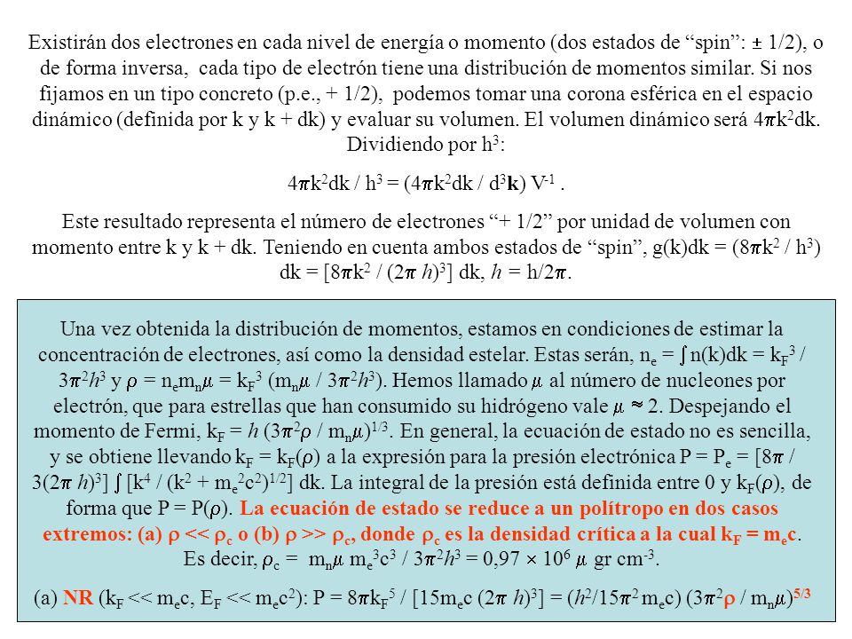 Existirán dos electrones en cada nivel de energía o momento (dos estados de spin :  1/2), o de forma inversa, cada tipo de electrón tiene una distribución de momentos similar. Si nos fijamos en un tipo concreto (p.e., + 1/2), podemos tomar una corona esférica en el espacio dinámico (definida por k y k + dk) y evaluar su volumen. El volumen dinámico será 4pk2dk. Dividiendo por h3: