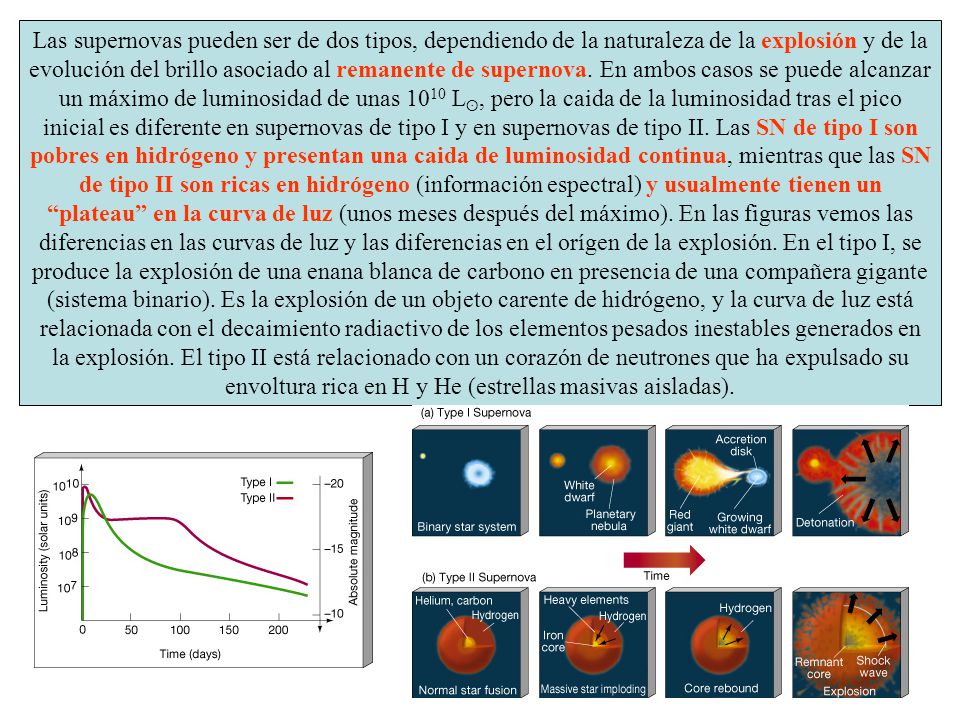 Las supernovas pueden ser de dos tipos, dependiendo de la naturaleza de la explosión y de la evolución del brillo asociado al remanente de supernova.