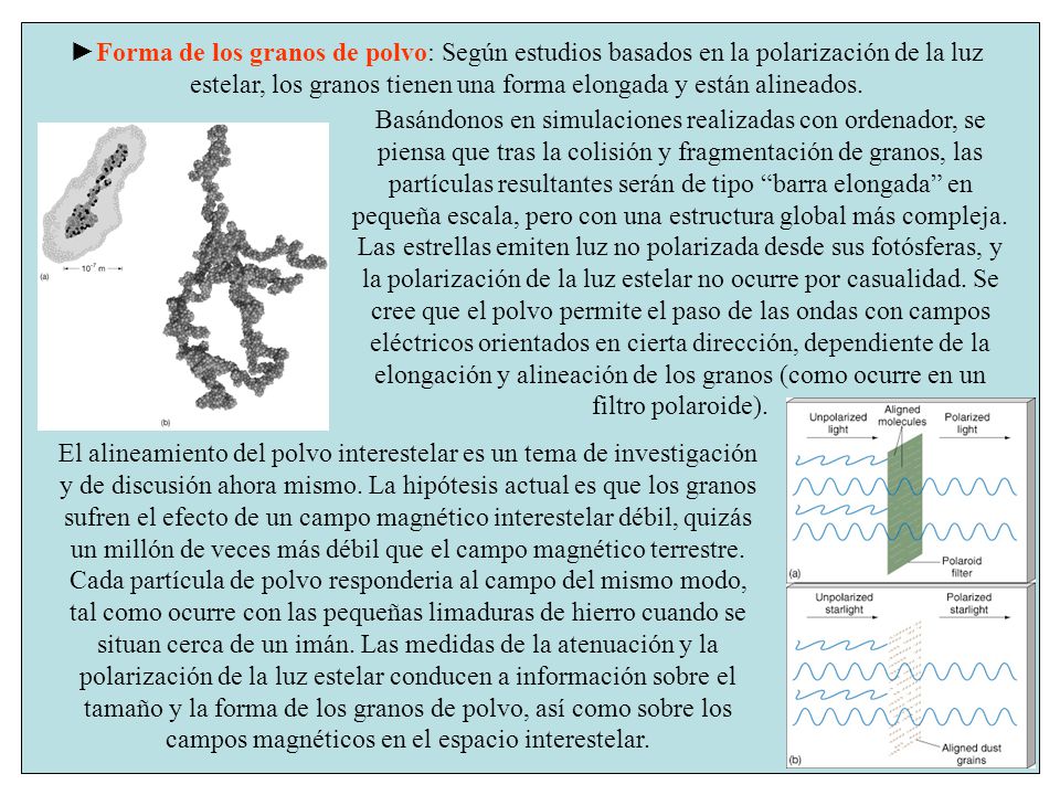 ►Forma de los granos de polvo: Según estudios basados en la polarización de la luz estelar, los granos tienen una forma elongada y están alineados.