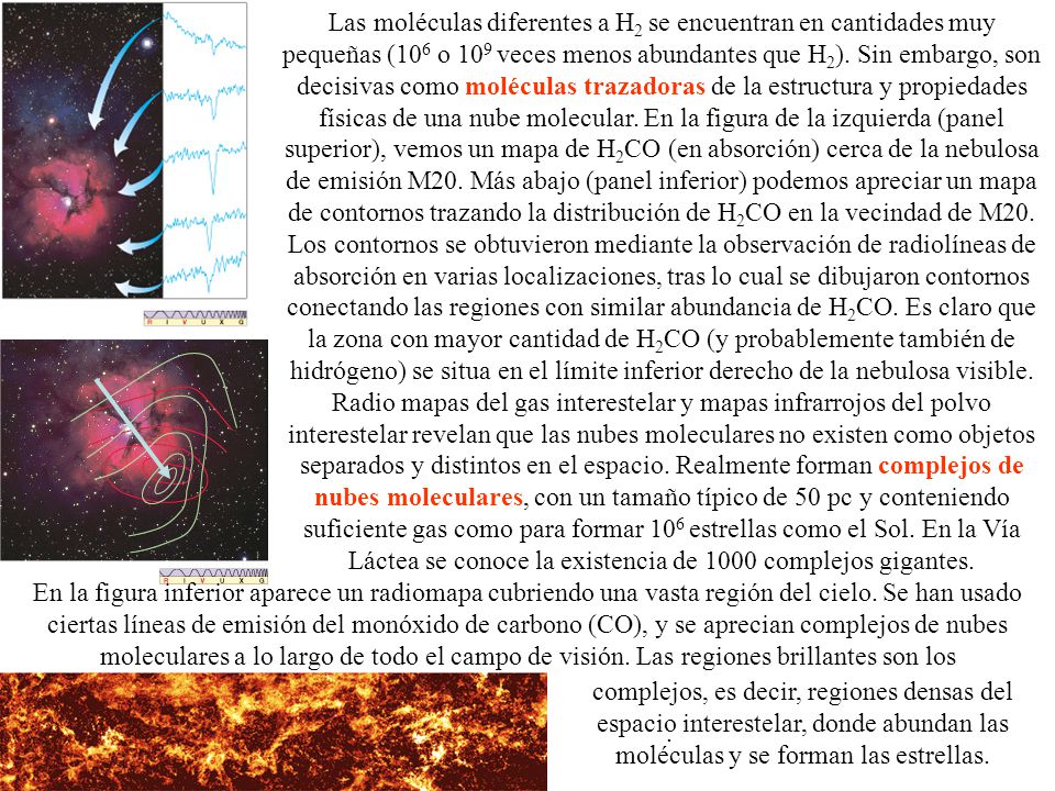 Las moléculas diferentes a H2 se encuentran en cantidades muy pequeñas (106 o 109 veces menos abundantes que H2). Sin embargo, son decisivas como moléculas trazadoras de la estructura y propiedades físicas de una nube molecular. En la figura de la izquierda (panel superior), vemos un mapa de H2CO (en absorción) cerca de la nebulosa de emisión M20. Más abajo (panel inferior) podemos apreciar un mapa de contornos trazando la distribución de H2CO en la vecindad de M20. Los contornos se obtuvieron mediante la observación de radiolíneas de absorción en varias localizaciones, tras lo cual se dibujaron contornos conectando las regiones con similar abundancia de H2CO. Es claro que la zona con mayor cantidad de H2CO (y probablemente también de hidrógeno) se situa en el límite inferior derecho de la nebulosa visible. Radio mapas del gas interestelar y mapas infrarrojos del polvo interestelar revelan que las nubes moleculares no existen como objetos separados y distintos en el espacio. Realmente forman complejos de nubes moleculares, con un tamaño típico de 50 pc y conteniendo suficiente gas como para formar 106 estrellas como el Sol. En la Vía Láctea se conoce la existencia de 1000 complejos gigantes.