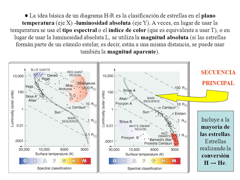 ● La idea básica de un diagrama H-R es la clasificación de estrellas en el plano temperatura (eje X) -luminosidad absoluta (eje Y). A veces, en lugar de usar la temperatura se usa el tipo espectral o el índice de color (que es equivalente a usar T), o en lugar de usar la luminosidad absoluta L, se utiliza la magnitud absoluta (si las estrellas formán parte de un cúmulo estelar, es decir, están a una misma distancia, se puede usar también la magnitud aparente).