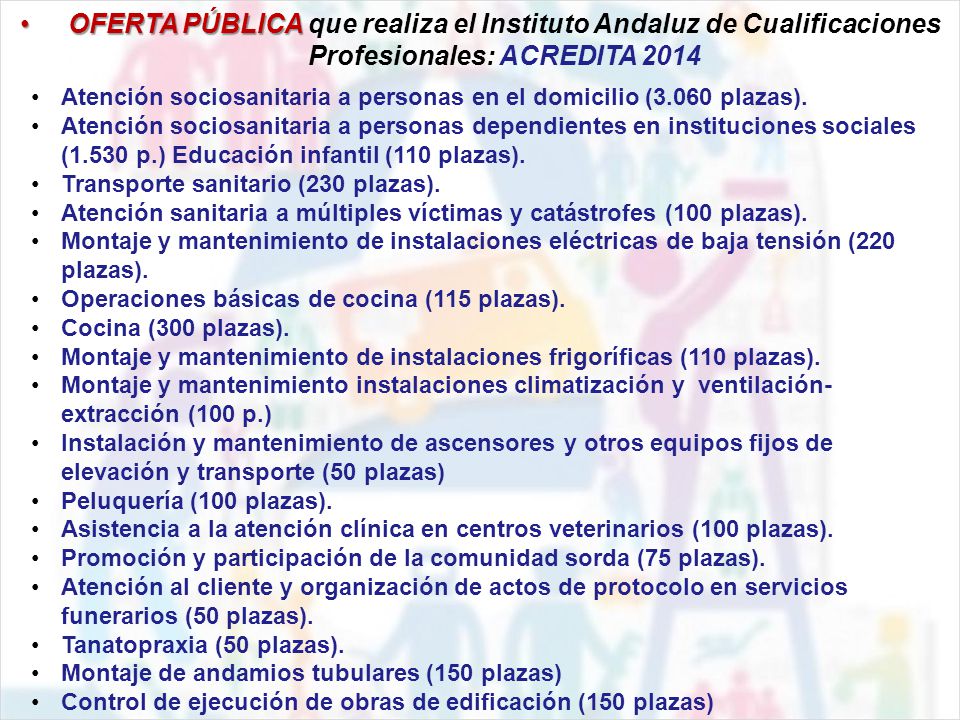 OFERTA PÚBLICA que realiza el Instituto Andaluz de Cualificaciones Profesionales: ACREDITA 2014