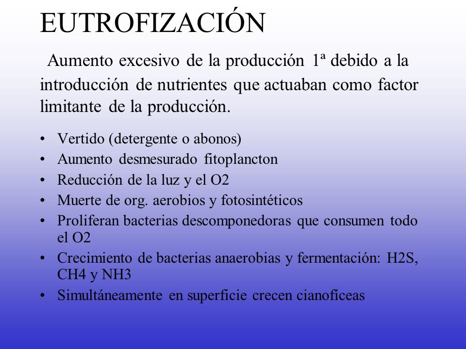 EUTROFIZACIÓN Aumento excesivo de la producción 1ª debido a la introducción de nutrientes que actuaban como factor limitante de la producción.