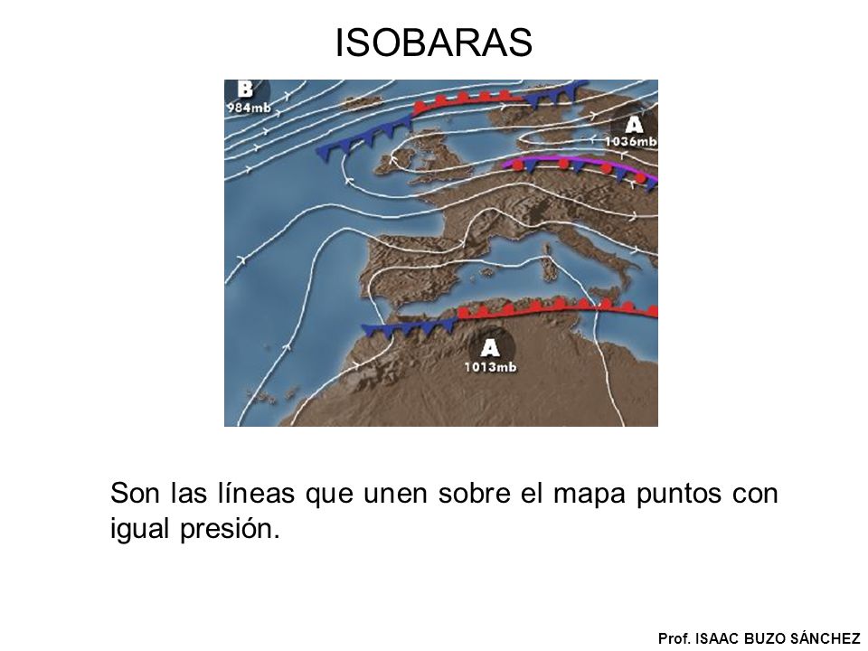 ISOBARAS Son las líneas que unen sobre el mapa puntos con igual presión. Prof. ISAAC BUZO SÁNCHEZ
