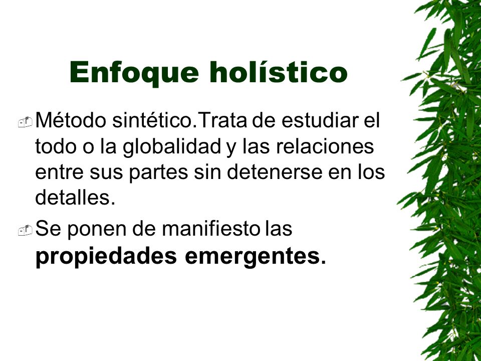 Enfoque holístico Método sintético.Trata de estudiar el todo o la globalidad y las relaciones entre sus partes sin detenerse en los detalles.