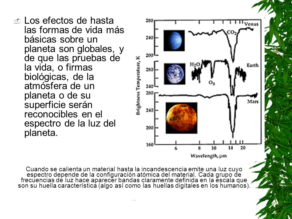 Los efectos de hasta las formas de vida más básicas sobre un planeta son globales, y de que las pruebas de la vida, o firmas biológicas, de la atmósfera de un planeta o de su superficie serán reconocibles en el espectro de la luz del planeta.