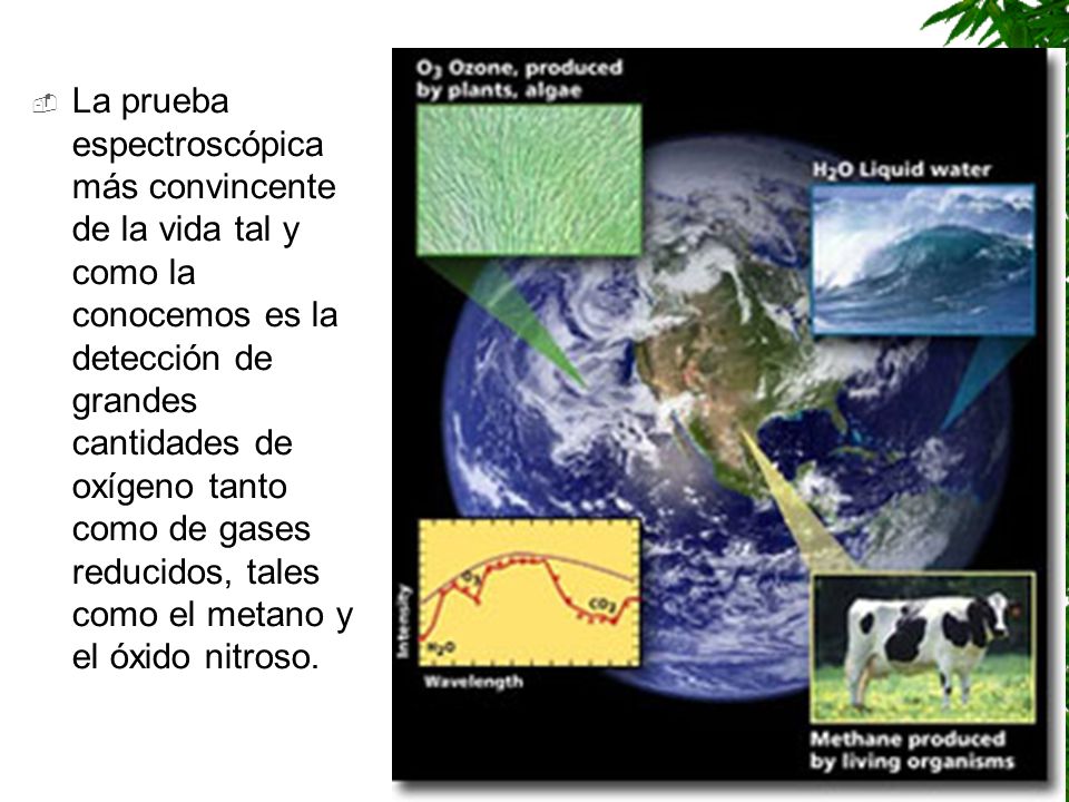 La prueba espectroscópica más convincente de la vida tal y como la conocemos es la detección de grandes cantidades de oxígeno tanto como de gases reducidos, tales como el metano y el óxido nitroso.
