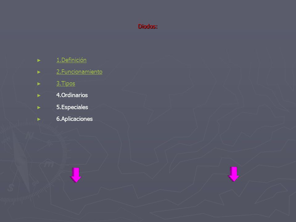 Diodos: 1.Definición 2.Funcionamiento 3.Tipos 4.Ordinarios 5.Especiales 6.Aplicaciones
