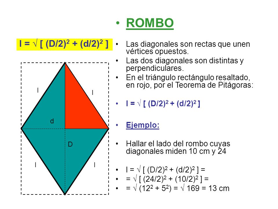 ROMBO Las diagonales son rectas que unen vértices opuestos. Las dos diagonales son distintas y perpendiculares.