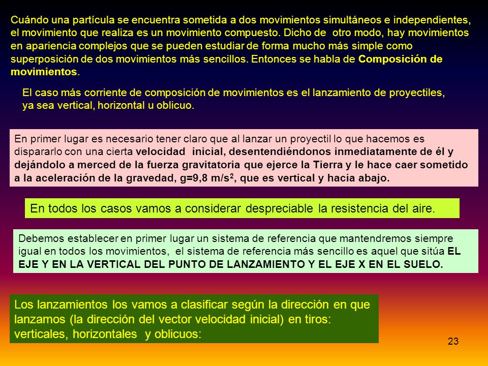 Cuándo una partícula se encuentra sometida a dos movimientos simultáneos e independientes, el movimiento que realiza es un movimiento compuesto. Dicho de otro modo, hay movimientos en apariencia complejos que se pueden estudiar de forma mucho más simple como superposición de dos movimientos más sencillos. Entonces se habla de Composición de movimientos.
