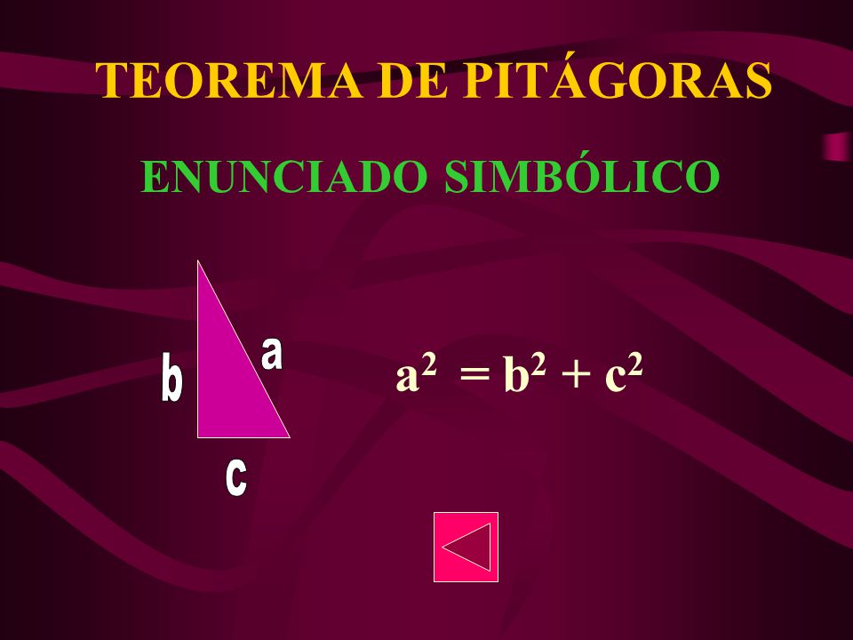 TEOREMA DE PITÁGORAS ENUNCIADO SIMBÓLICO a b c a2 = b2 + c2