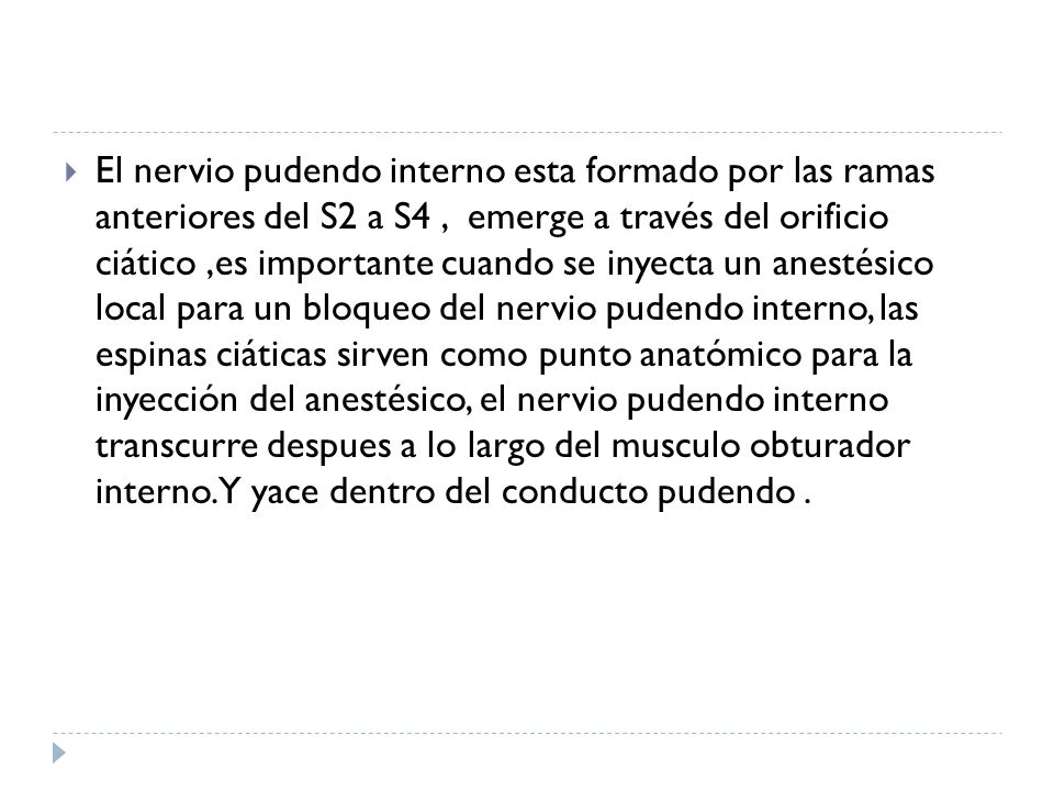 El nervio pudendo interno esta formado por las ramas anteriores del S2 a S4 , emerge a través del orificio ciático ,es importante cuando se inyecta un anestésico local para un bloqueo del nervio pudendo interno, las espinas ciáticas sirven como punto anatómico para la inyección del anestésico, el nervio pudendo interno transcurre despues a lo largo del musculo obturador interno.