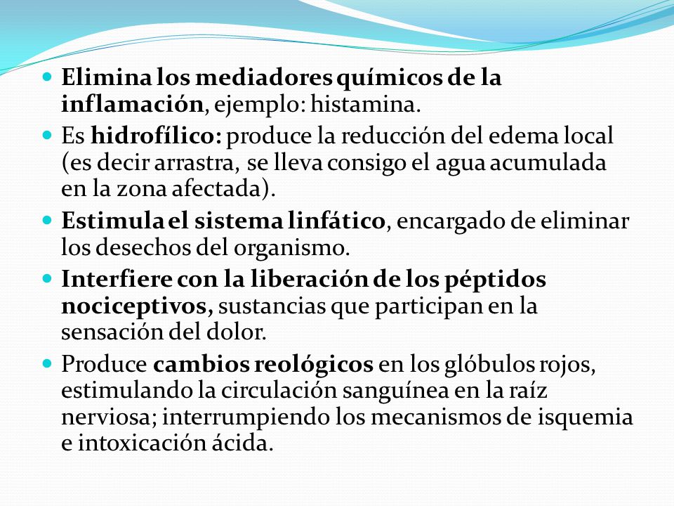 Elimina los mediadores químicos de la inflamación, ejemplo: histamina.