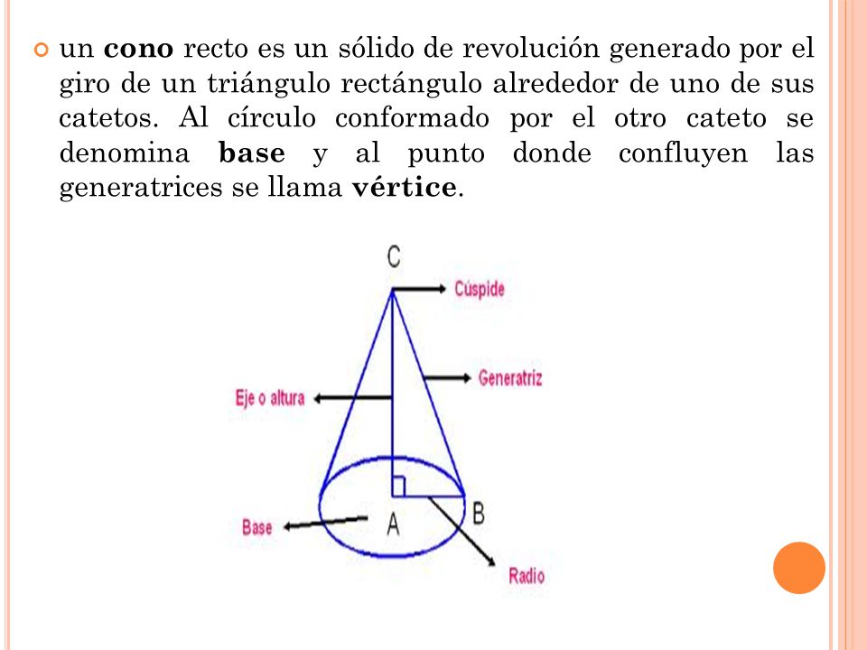 un cono recto es un sólido de revolución generado por el giro de un triángulo rectángulo alrededor de uno de sus catetos.
