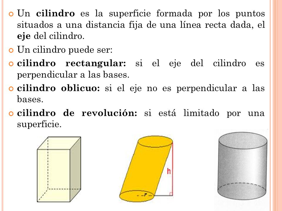 Un cilindro es la superficie formada por los puntos situados a una distancia fija de una línea recta dada, el eje del cilindro.