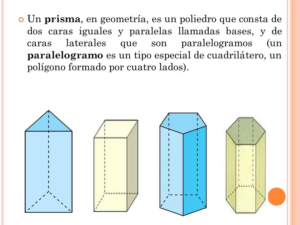Un prisma, en geometría, es un poliedro que consta de dos caras iguales y paralelas llamadas bases, y de caras laterales que son paralelogramos (un paralelogramo es un tipo especial de cuadrilátero, un polígono formado por cuatro lados).