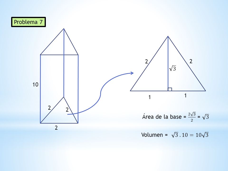 Problema Área de la base = = 3 2 Volumen = =10 3