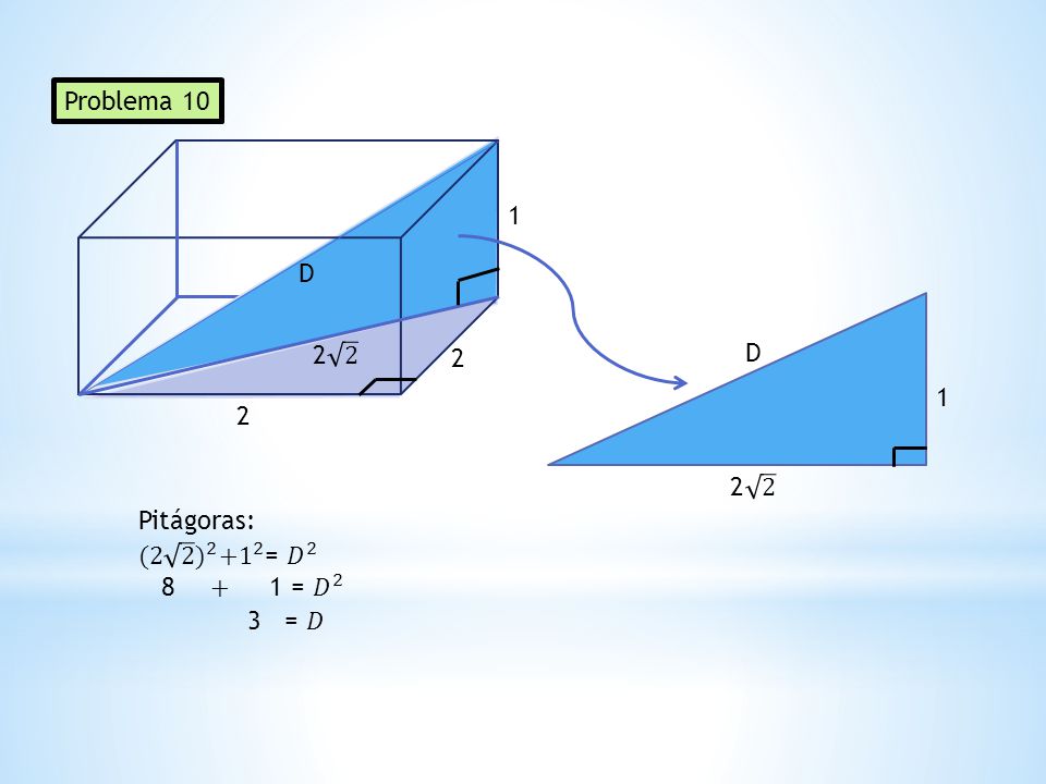 Problema 10 1 D D Pitágoras: (2 2 ) = 𝐷 = 𝐷 2 3 = 𝐷