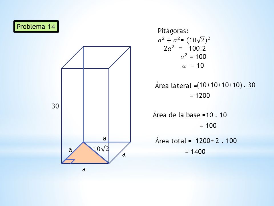 Problema 14 Pitágoras: 𝑎 2 + 𝑎 2 = (10 2 ) 2. 2 𝑎 2 = 𝑎 2 = 100. 𝑎 = 10. Área lateral =