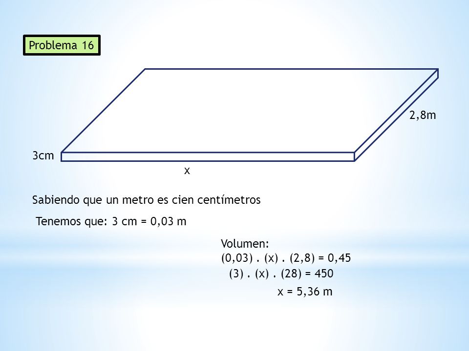 Problema 16 2,8m. 3cm. x. Sabiendo que un metro es cien centímetros. Tenemos que: 3 cm = 0,03 m.