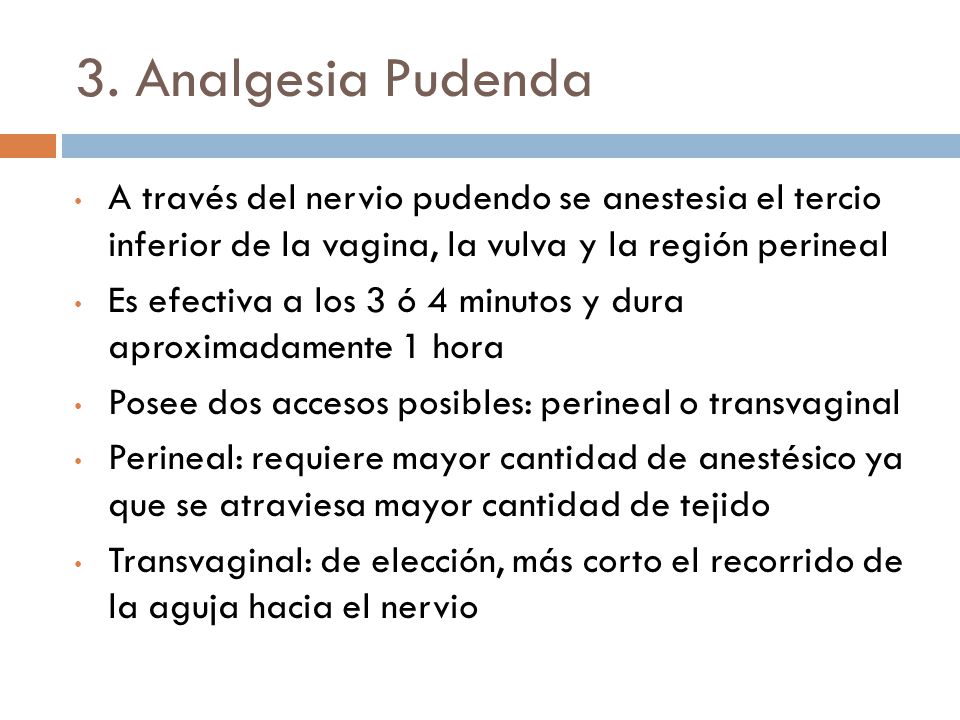 3. Analgesia Pudenda A través del nervio pudendo se anestesia el tercio inferior de la vagina, la vulva y la región perineal.