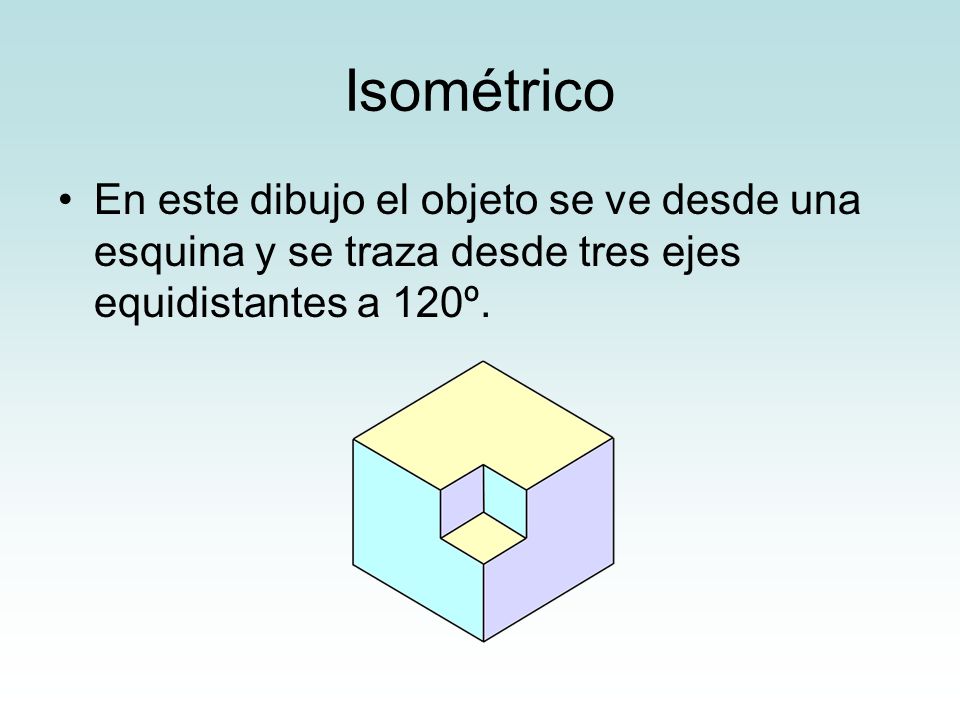 Isométrico En este dibujo el objeto se ve desde una esquina y se traza desde tres ejes equidistantes a 120º.