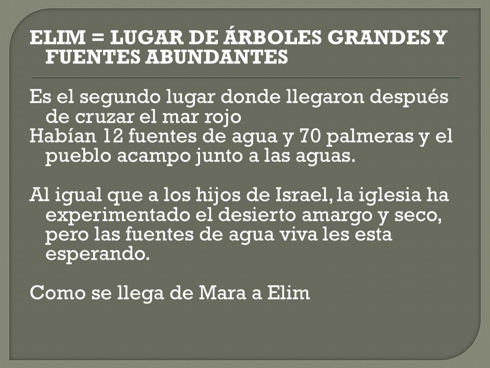 ELIM = LUGAR DE ÁRBOLES GRANDES Y FUENTES ABUNDANTES Es el segundo lugar donde llegaron después de cruzar el mar rojo Habían 12 fuentes de agua y 70 palmeras y el pueblo acampo junto a las aguas.