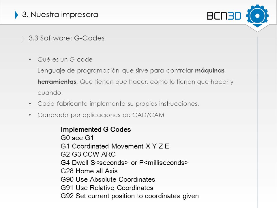 3. Nuestra impresora 3.3 Software: G-Codes Implemented G Codes