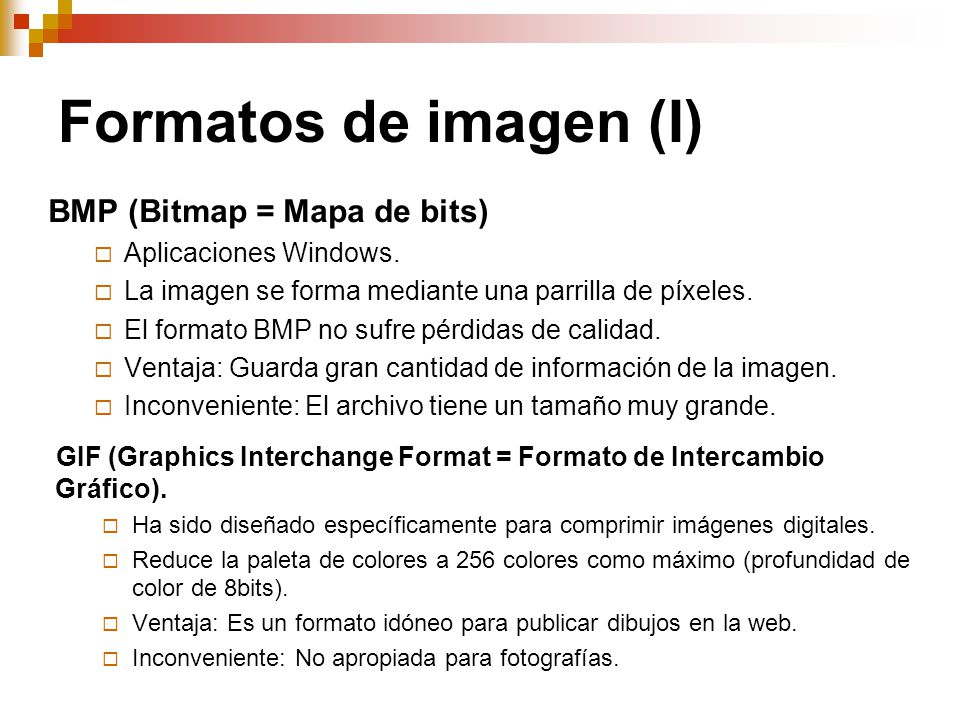 Formatos de imagen (I) BMP (Bitmap = Mapa de bits)
