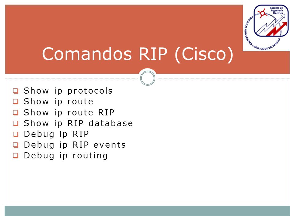 Comandos RIP (Cisco) Show ip protocols Show ip route Show ip route RIP