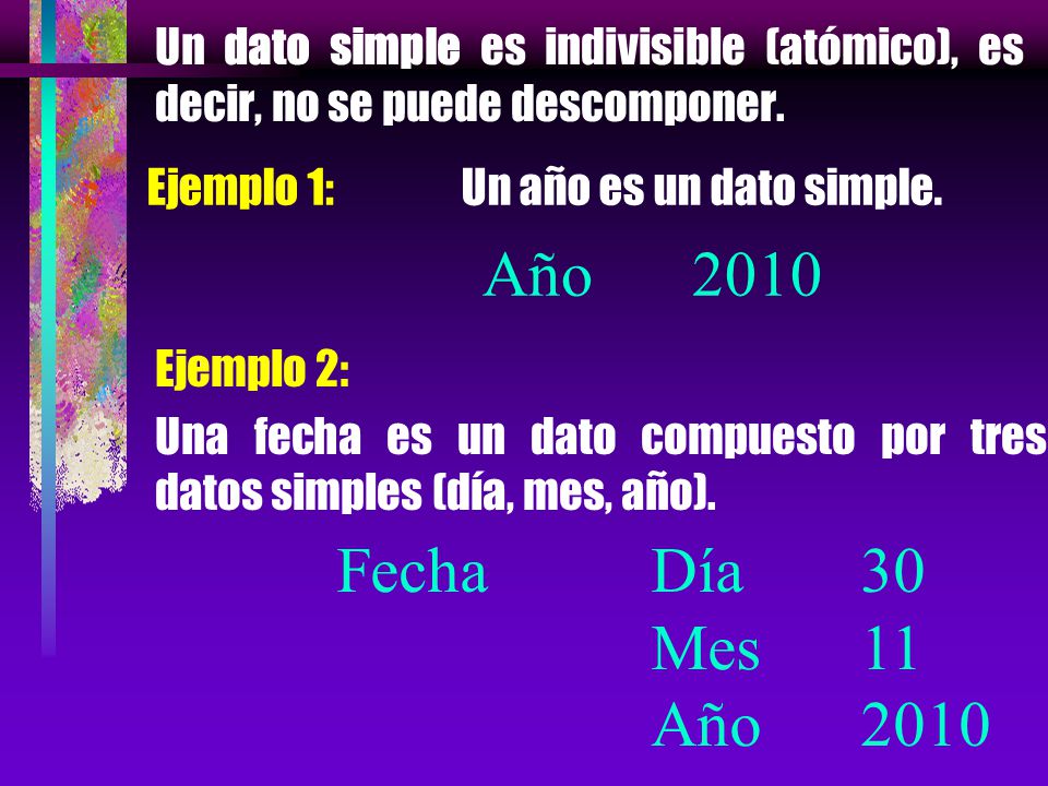 Un dato simple es indivisible (atómico), es decir, no se puede descomponer.