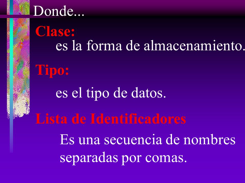 Donde... Clase: es la forma de almacenamiento. Tipo: es el tipo de datos. Lista de Identificadores.