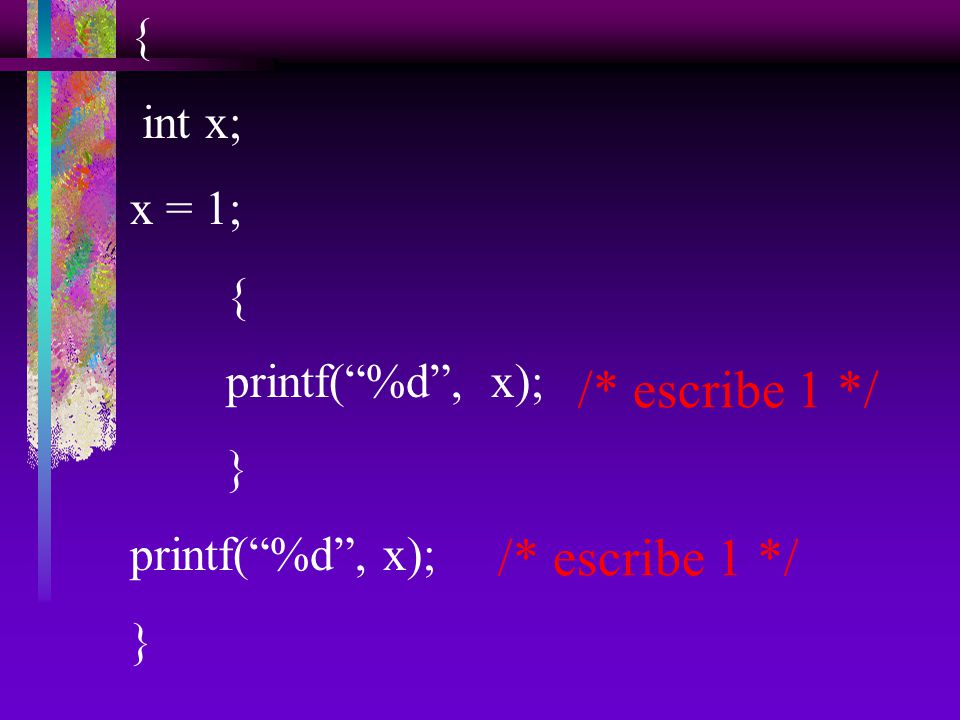 /* escribe 1 */ /* escribe 1 */ { int x; x = 1; printf( %d , x); }