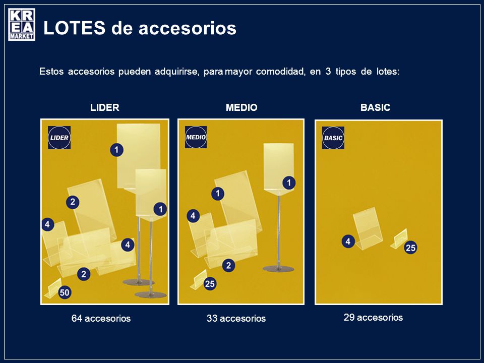 LOTES de accesorios Estos accesorios pueden adquirirse, para mayor comodidad, en 3 tipos de lotes: