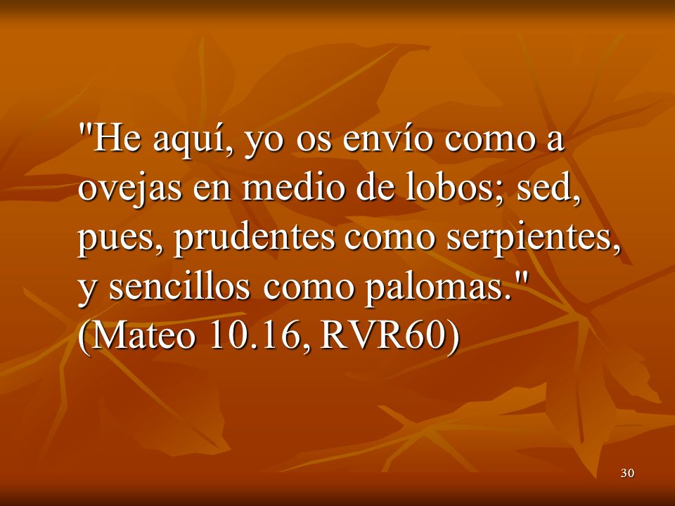 He aquí, yo os envío como a ovejas en medio de lobos; sed, pues, prudentes como serpientes, y sencillos como palomas. (Mateo 10.16, RVR60)